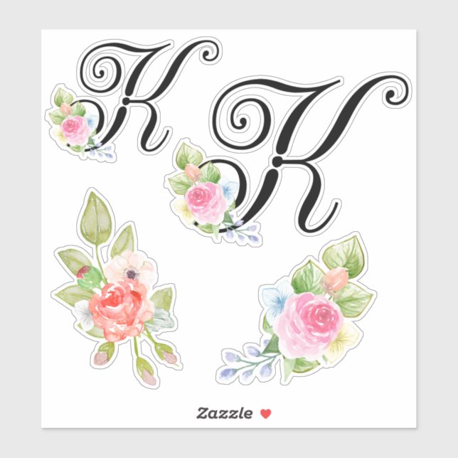 Sticker Aquarelle Florale Script Monogramme Lettre K (Feuille)
