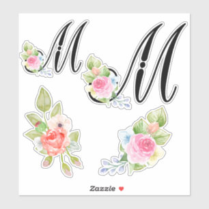 Sticker Aquarelle Florale Script Monogramme Lettre M