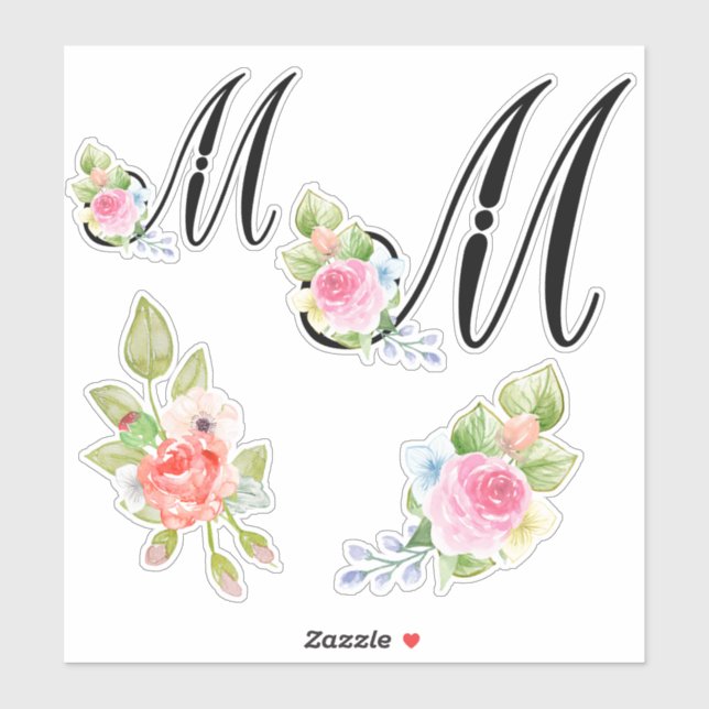 Sticker Aquarelle Florale Script Monogramme Lettre M (Feuille)
