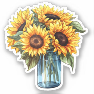Sticker Aquarelle Florale Tournesol Mason Jar Bouquet