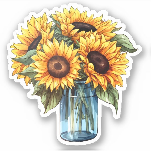 Sticker Aquarelle Florale Tournesol Mason Jar Bouquet (Devant)