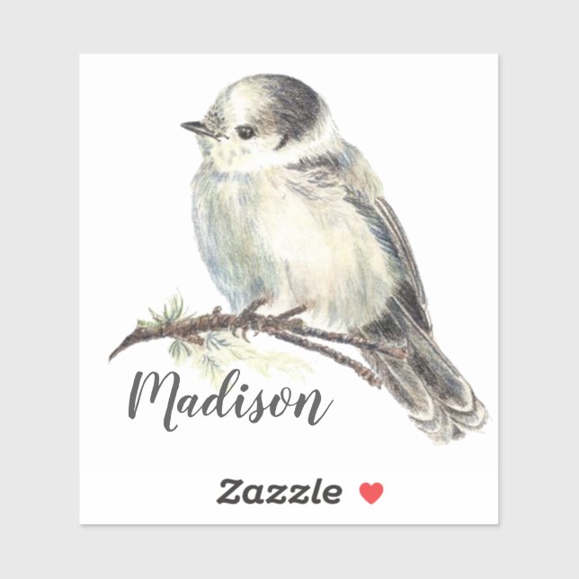 Sticker Aquarelle Gris Jay Oiseau Nature Nom personnalisé (Feuille)