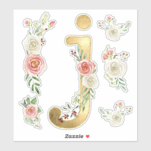 Sticker Aquarelle initiale J Gold Blush White Rose Florale
