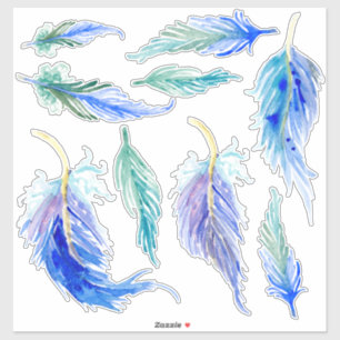 Sticker Aquarelle inverse Plumes Aqua bleu violet vert