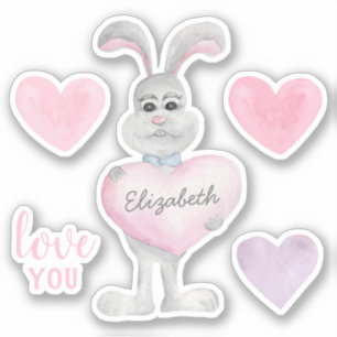 Sticker Aquarelle lapin et coeurs. Saint Valentin Amour