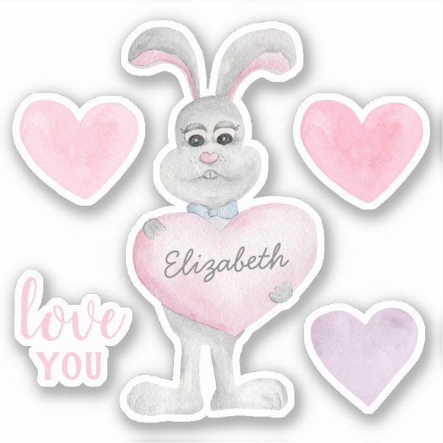 Sticker Aquarelle lapin et coeurs. Saint Valentin Amour (Devant)