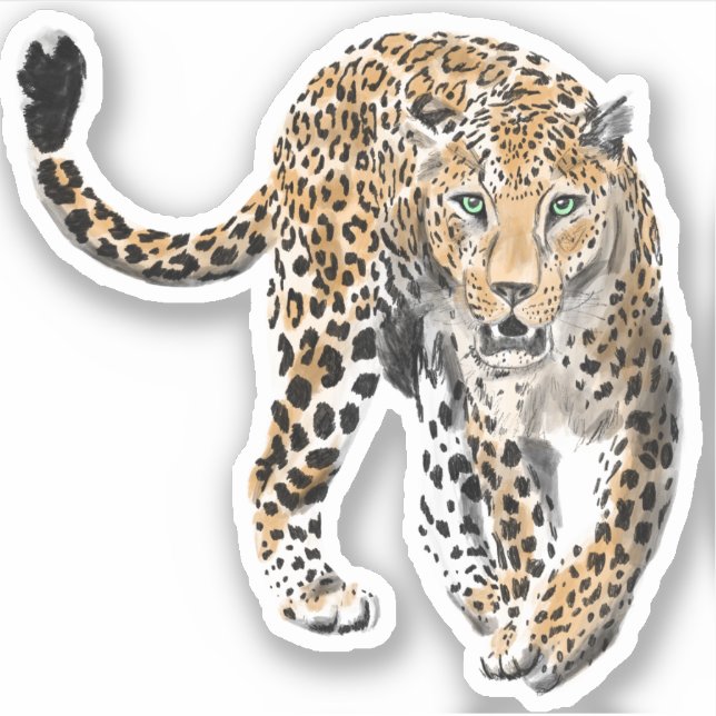 Sticker aquarelle léopard jungle chat animal peint vert (Devant)