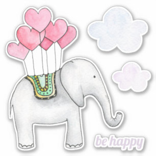 Sticker Aquarelle mignon éléphant et coeurs. Enfants anima