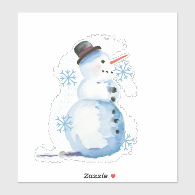 Sticker Aquarelle Mignonne Snowman Avec Flakes À Neige (Feuille)