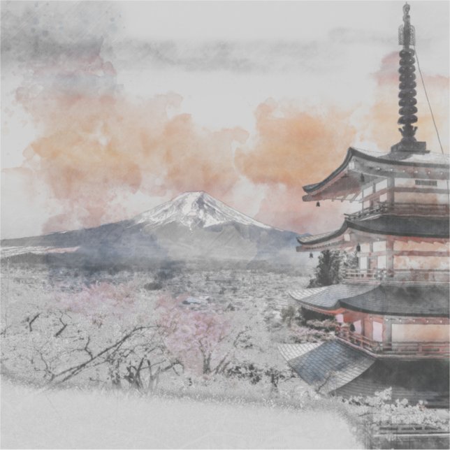 Sticker Aquarelle Pagode japonaise & Mont Fuji (Devant)