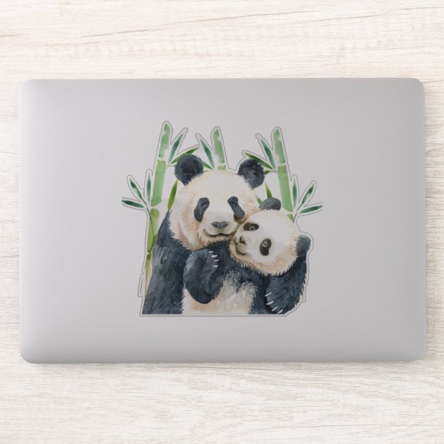 Sticker Aquarelle Panda Ours Maman & Bébé en Bambou (Ordinateur)