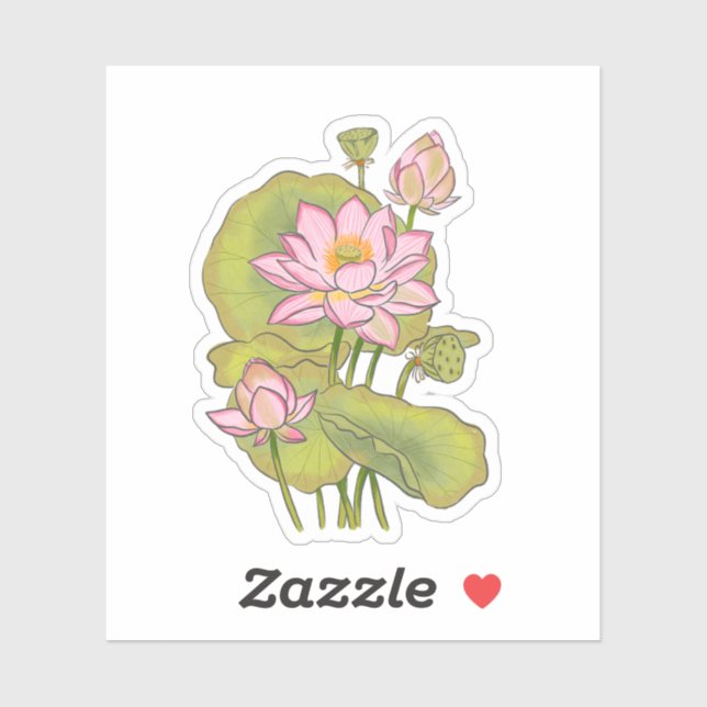 Sticker Aquarelle Peinte à la main Lotus rose traditionnel (Feuille)
