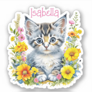 Sticker Aquarelle personnalisée en gris chaton et fleurs