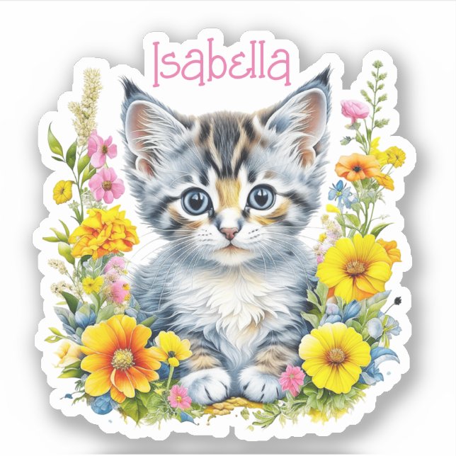 Sticker Aquarelle personnalisée en gris chaton et fleurs (Devant)