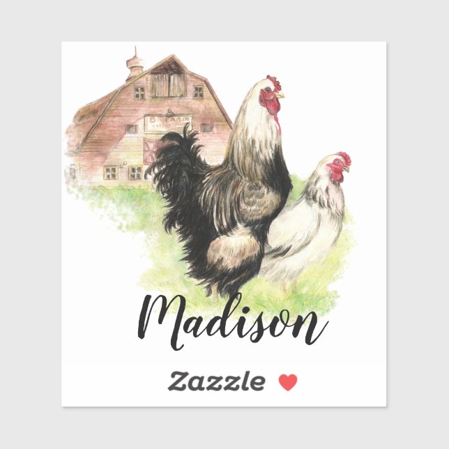 Sticker Aquarelle Poulets de la ferme Art animal Nom perso (Feuille)