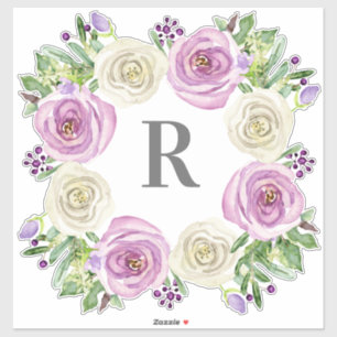 Sticker Aquarelle R initiale Purple n White Floral Wreath
