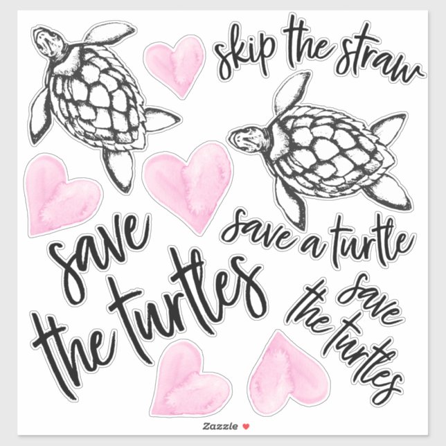 Sticker Aquarelle rose Coeurs et sauver les tortues (Feuille)