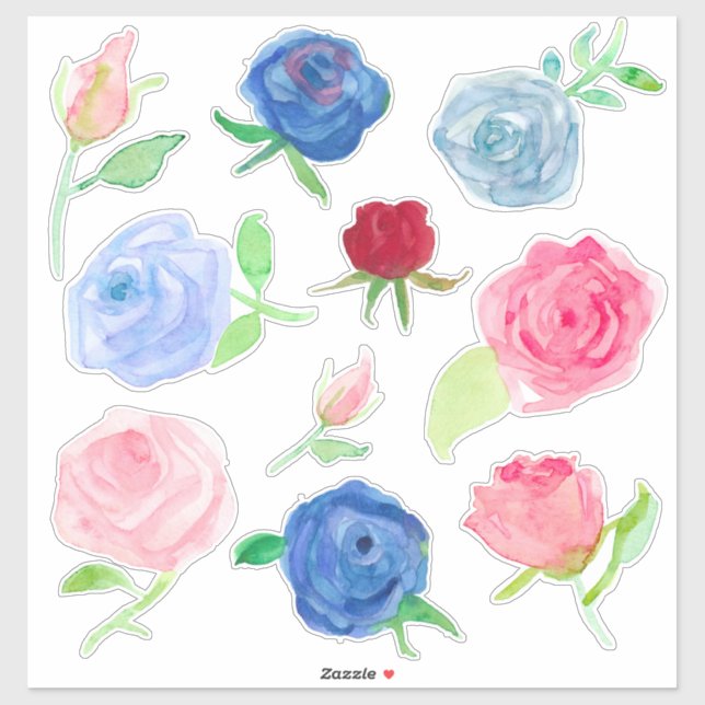 Sticker Aquarelle Rose rouge bleu rose gris (Feuille)