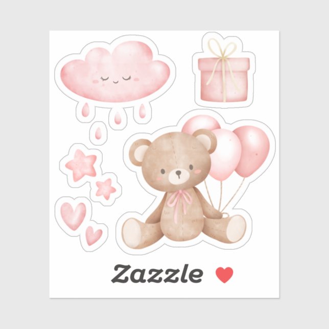 Sticker Aquarelle rose Teddy Ours moderne Whimssique mou (Feuille)