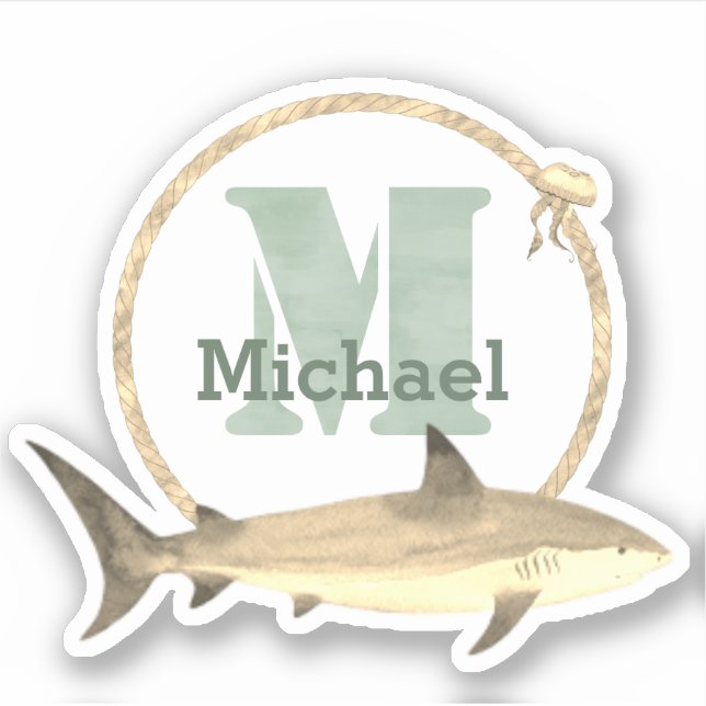 Sticker Aquarelle verte Monogramme, nom et Sepia Shark (Devant)