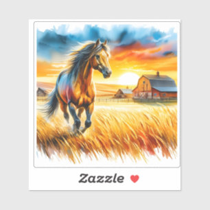 Sticker Aquarelle vive d'un cheval courant au coucher du s
