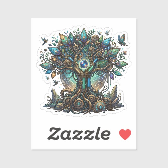 Sticker Arbre de Vie Cybernétique Steampunk Cosmique (Feuille)