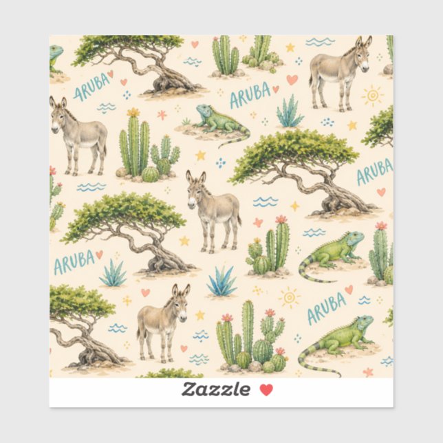 Sticker Arbre divi d'Aruba, âne, iguane, cactus (Feuille)
