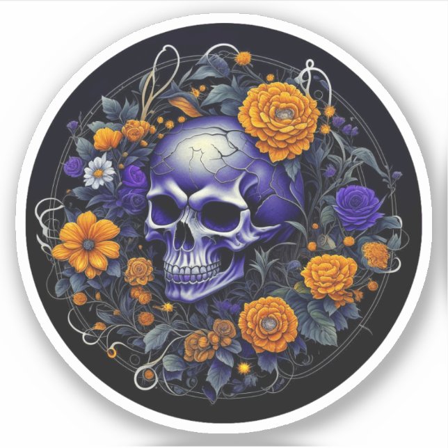 Sticker Art AI de crâne et de fleurs orange (Devant)