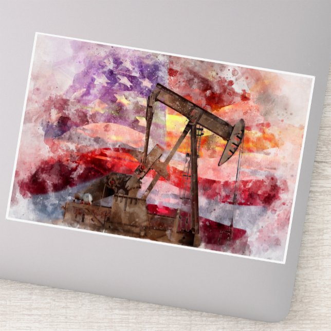Sticker Art aquarelle du coucher de soleil pompe patriotiq (Patriotic Pumpjack Watercolor Sunset Art. Sticker)