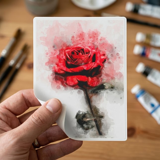 Sticker Art aquarelle d'une rose rouge sur fond blanc (Red Rose Watercolor Art on White Background. Sticker)