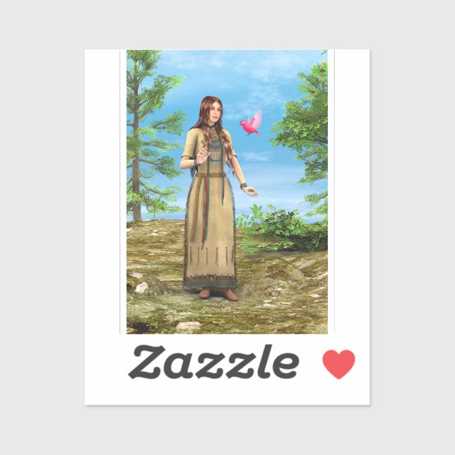 Sticker Art de femme amérindienne forêt oiseau (Feuille)