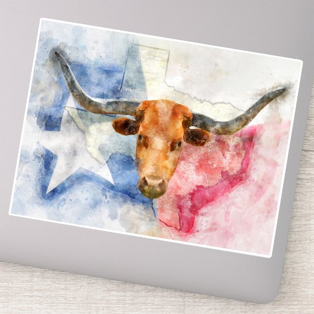 Sticker Art d'impression à l'aquarelle représentant une va (Texas Longhorn Cow and Flag Watercolor Print Art. Sticker)