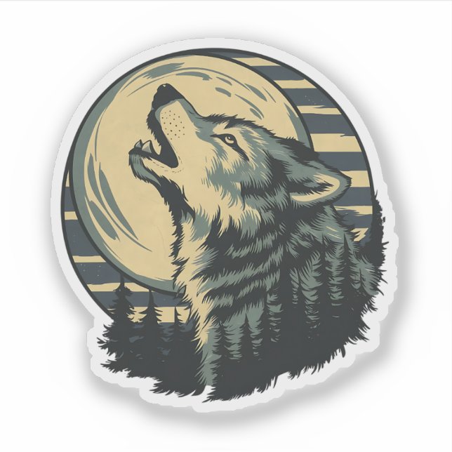 Sticker Art du loup hurlant sarcelle sous la lune (Devant)