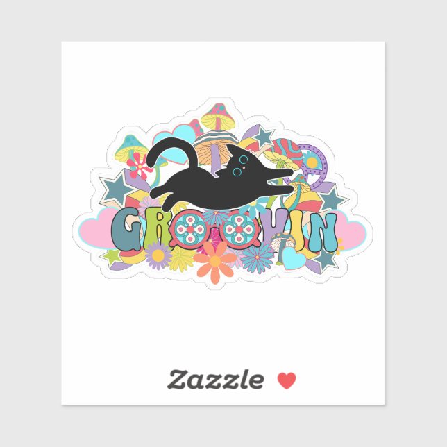Sticker Art Hippie Chat Noir Rétro Psychedélique Groovy (Feuille)