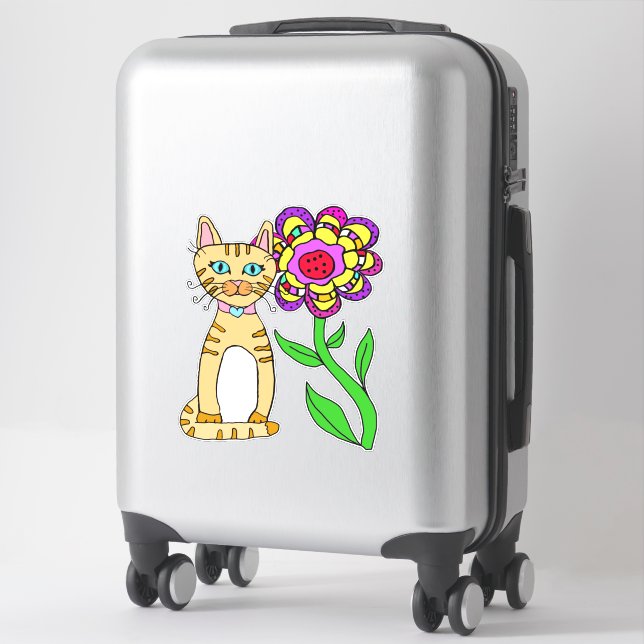 Sticker Art populaire Whimsical Chat et Fleur colorée (Sur valise)