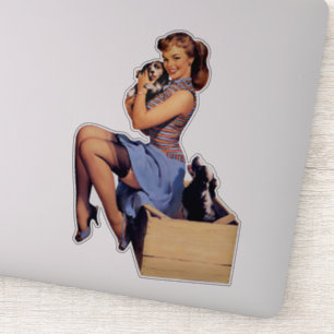 Sticker Art rétro Brunette Pin-up Girl with Puppies Dogs