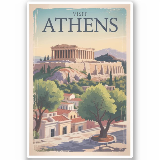 Sticker Athens Grèce Illustration Voyage Art Vintage (Devant)