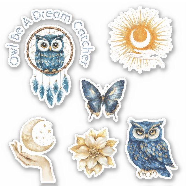 Sticker Attrape-rêve lune étoiles papillon Hibou Bleu (Devant)