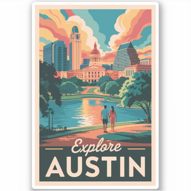 Sticker Austin Texas Skyline Travel Art Vintage (Devant)