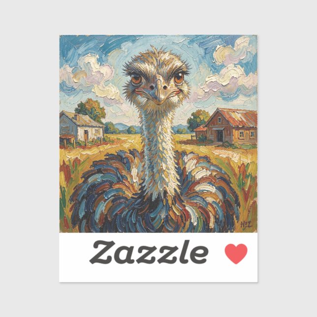 Sticker Autruche drôle à l'impasto dans un ranch  (Feuille)