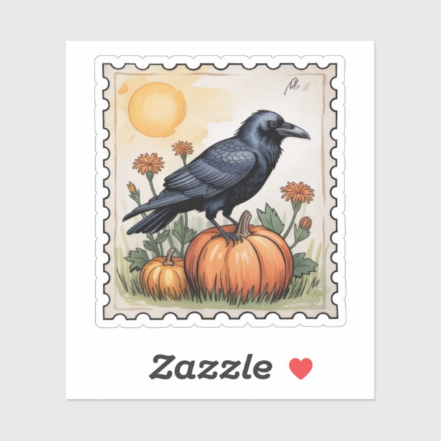 Sticker Autumn Raven on Pumpkin Halloween Postage Stamp (Feuille)