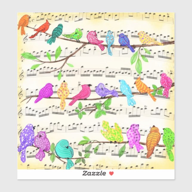 Sticker aux oiseaux musicaux colorés (Feuille)