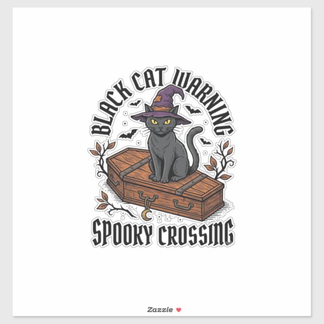 Sticker Avertissement Chat Noir Halloween Sorcière Vintage (Feuille)