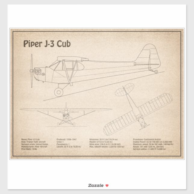Sticker Avion Cub - Plan directeur de l'avion SD (Feuille)