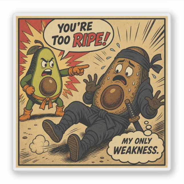 Sticker Avocado Ninja "Trop mûr" — Bande dessinée rétro dr (Devant)