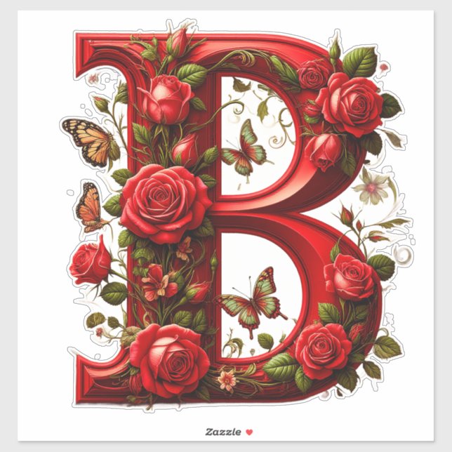Sticker B majuscule rouge élégant par Roses et Papillon (Feuille)