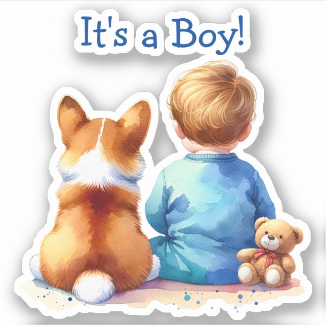 Sticker Baby Boy et son Baby shower Corgi Puppy (Devant)