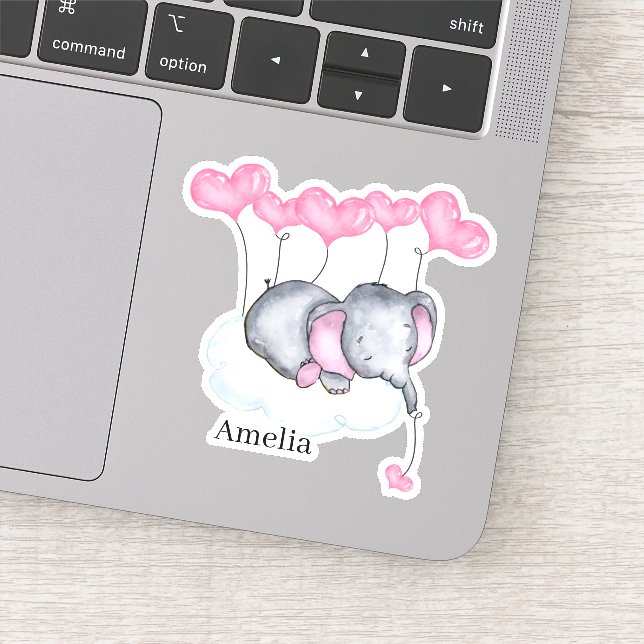 Sticker Baby Girl Elephant sur le nuage avec Coeurs roses  (Détail)