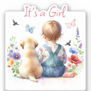 Sticker Baby Girl et son chiot   C'est une aquarelle fille