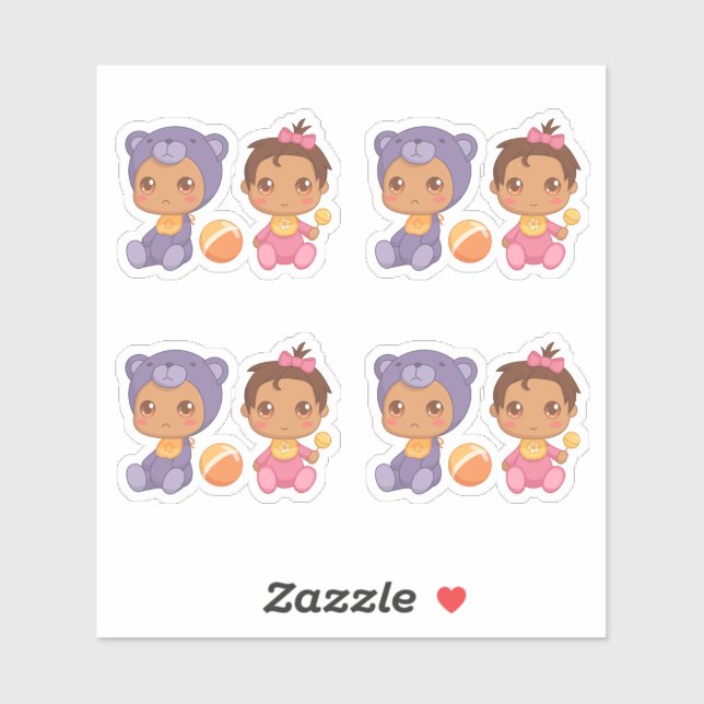 Sticker Baby Girl Twins Purple Bear Jumpsuit Set 4 Stic (Feuille)